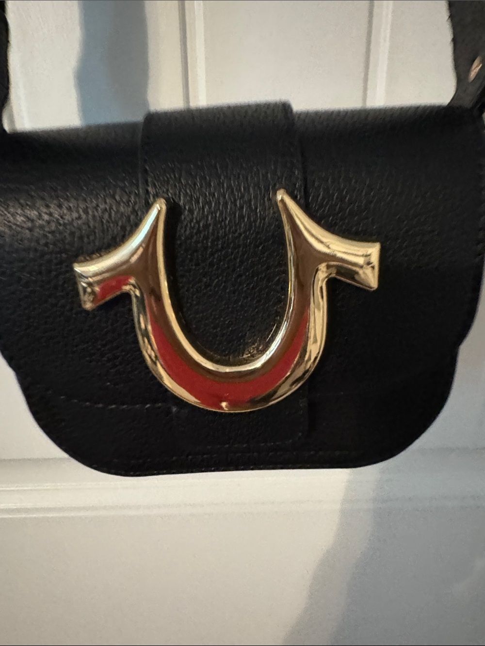 True Religion Black Leather Crossbody with Gold Horseshoe Hardware